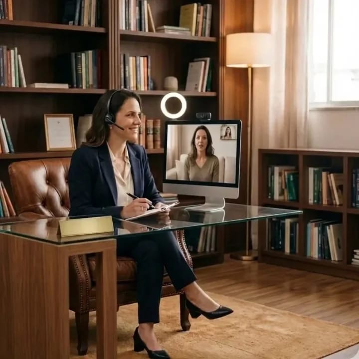 Ilustração da Carol Lorena em atendimento on-line, por videochamada